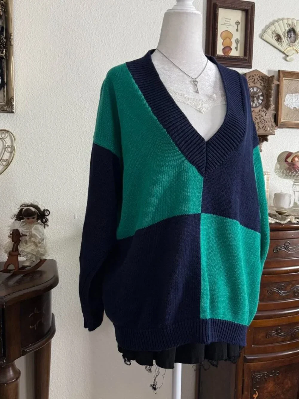 90’s quirky grunge green and navy blue color block patchwork cozy sweater